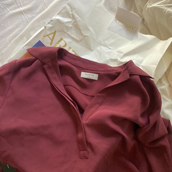 Babaton Professor Blouse Matte Satin Pop-over Polo Blouse - Burgundy - New w/Tag - Picture 6 of 7